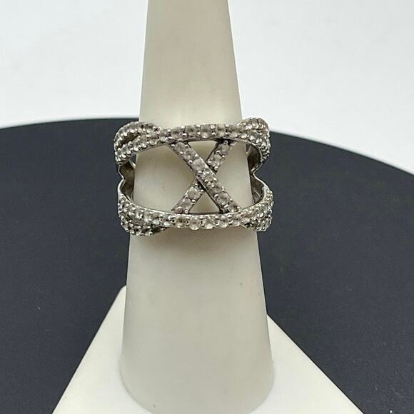 JWBR Sterling Silver White Sapphire Crossover Ring Sz 7.25  Pave Setting 6.6g - Picture 1 of 10